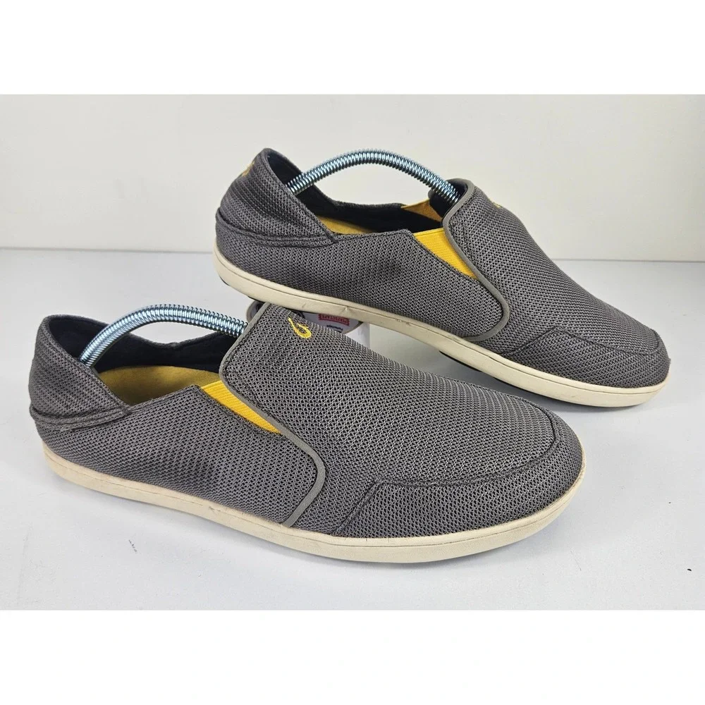 OluKai Nohea Mesh Mens 10.5 Slip On Mesh Shoes Gray Yellow Loafers